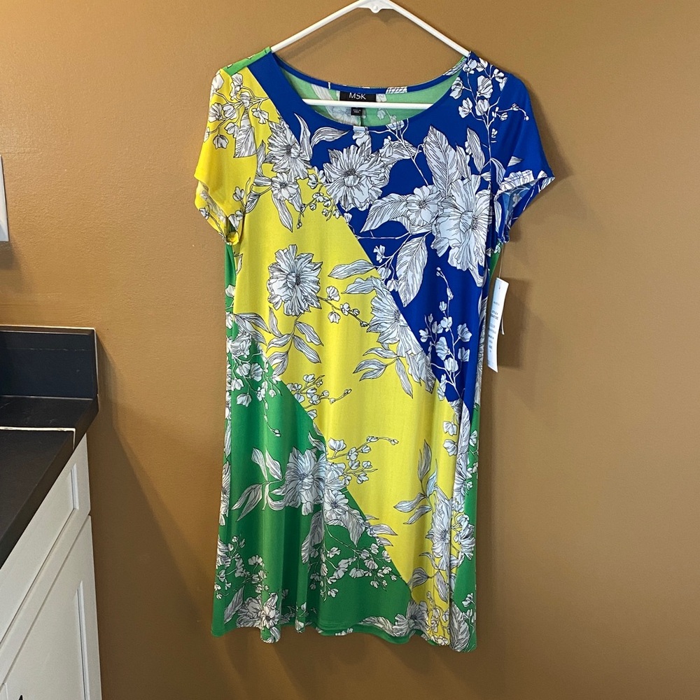 MSK Women's Vibrant Floral Mini Dress - Blue, Yellow, Green
